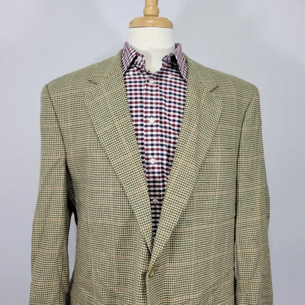 JOS A BANK‎ Men's Sport Coat Blazer Two Button Beige Houndstooth Wool Size 46L